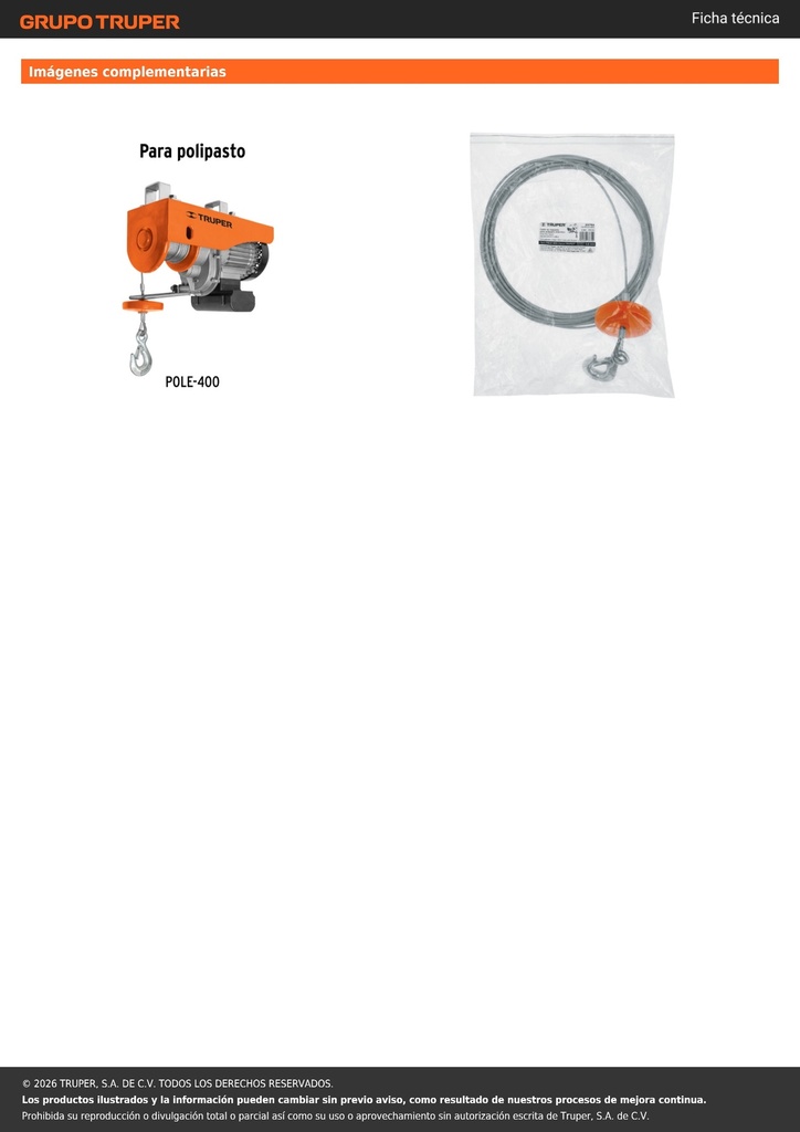 Cable de repuesto para polipasto eléctrico POLE-400, TRUPER