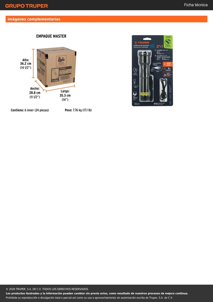 Linterna LED recargable c/luz de emergencia, 410 lm, TRUPER