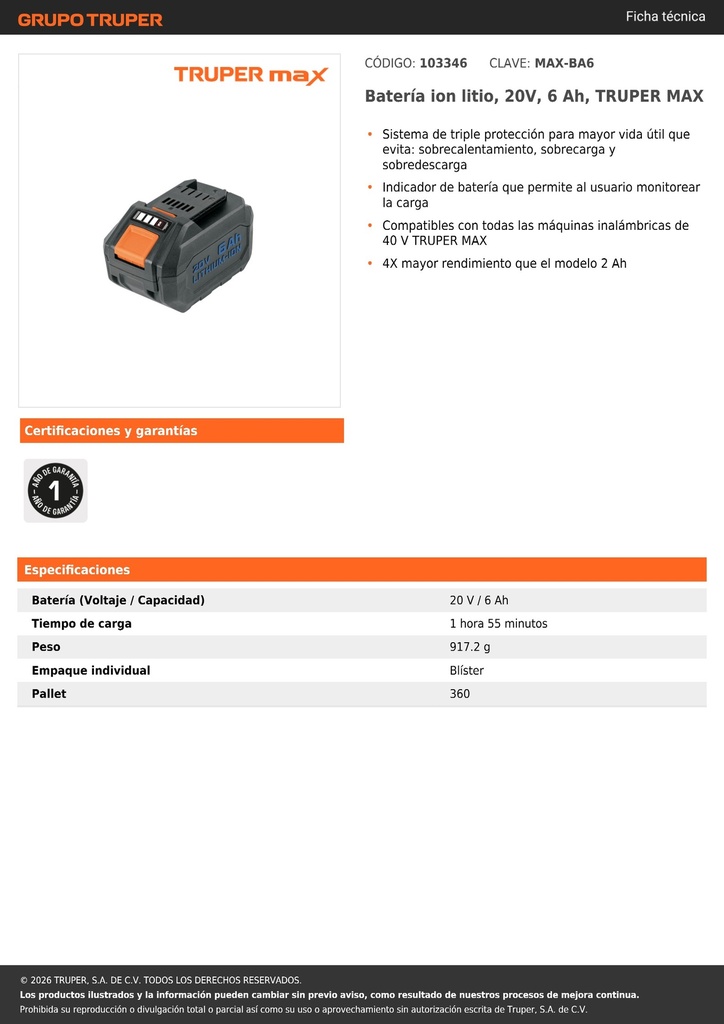 Batería ion litio, 20V, 6 Ah, TRUPER MAX