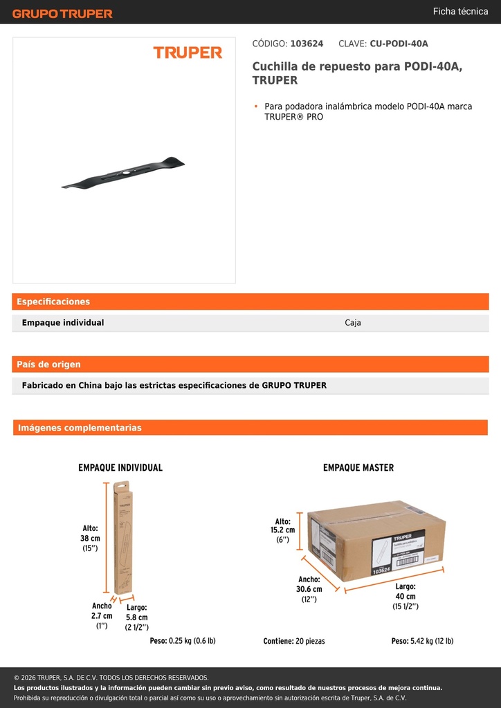 Cuchilla de repuesto para PODI-40A, TRUPER