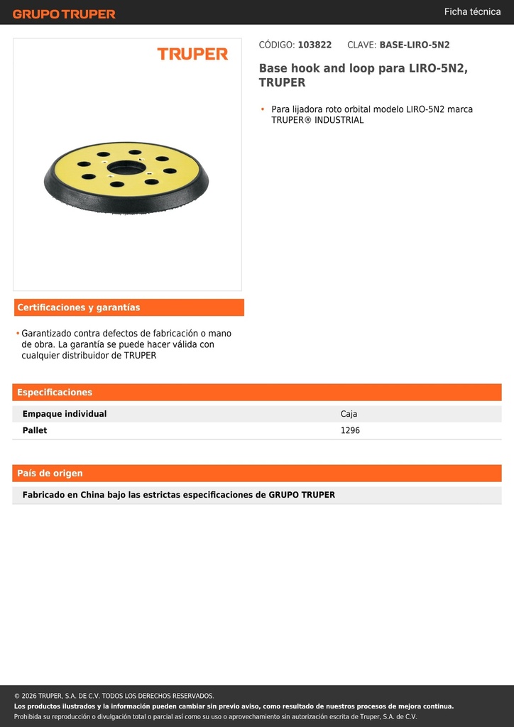 Base hook and loop para LIRO-5N2, TRUPER