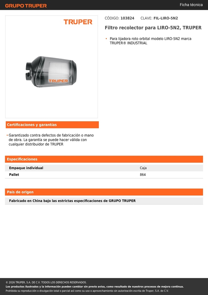 Filtro recolector para LIRO-5N2, TRUPER