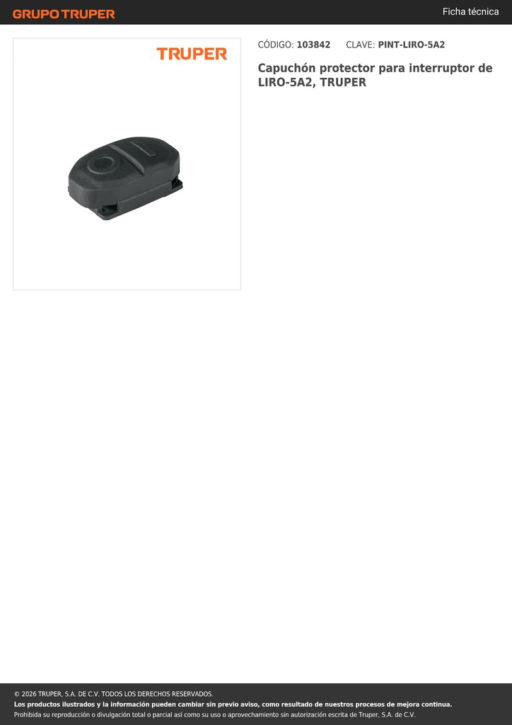 Capuchón protector para interruptor de LIRO-5A2, TRUPER
