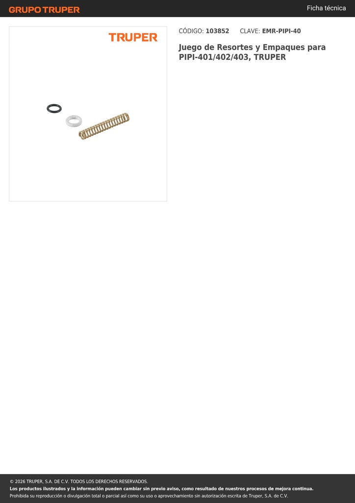 Juego de Resortes y Empaques para PIPI-401/402/403, TRUPER
