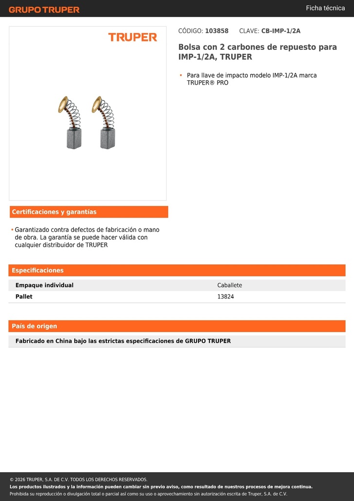 Bolsa con 2 carbones de repuesto para IMP-1/2A, TRUPER
