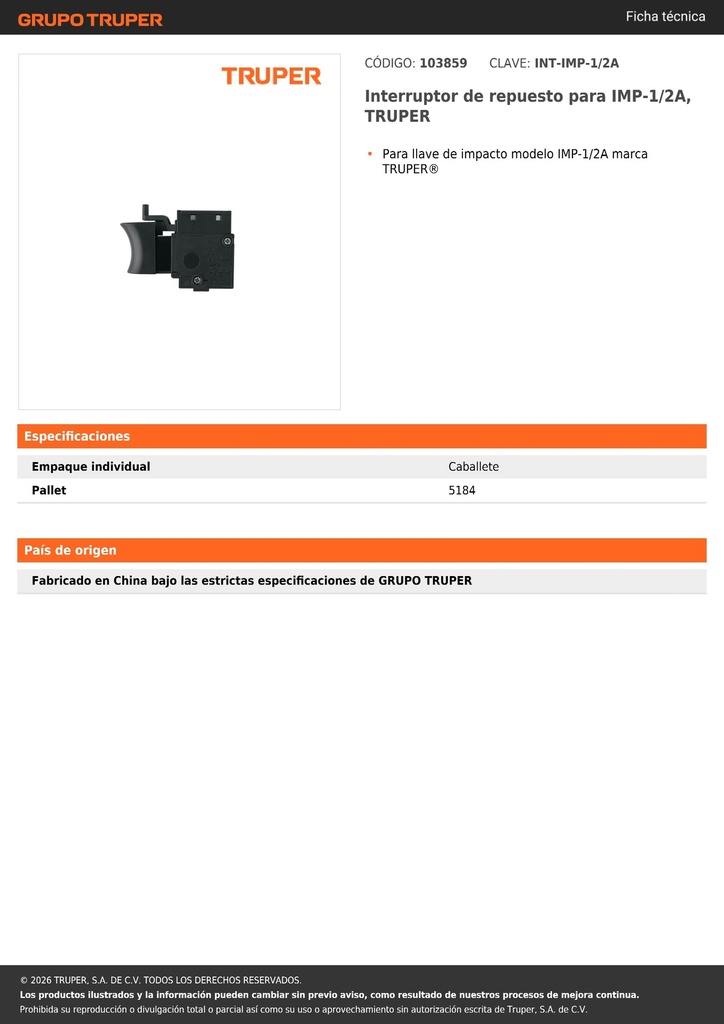 Interruptor de repuesto para IMP-1/2A, TRUPER