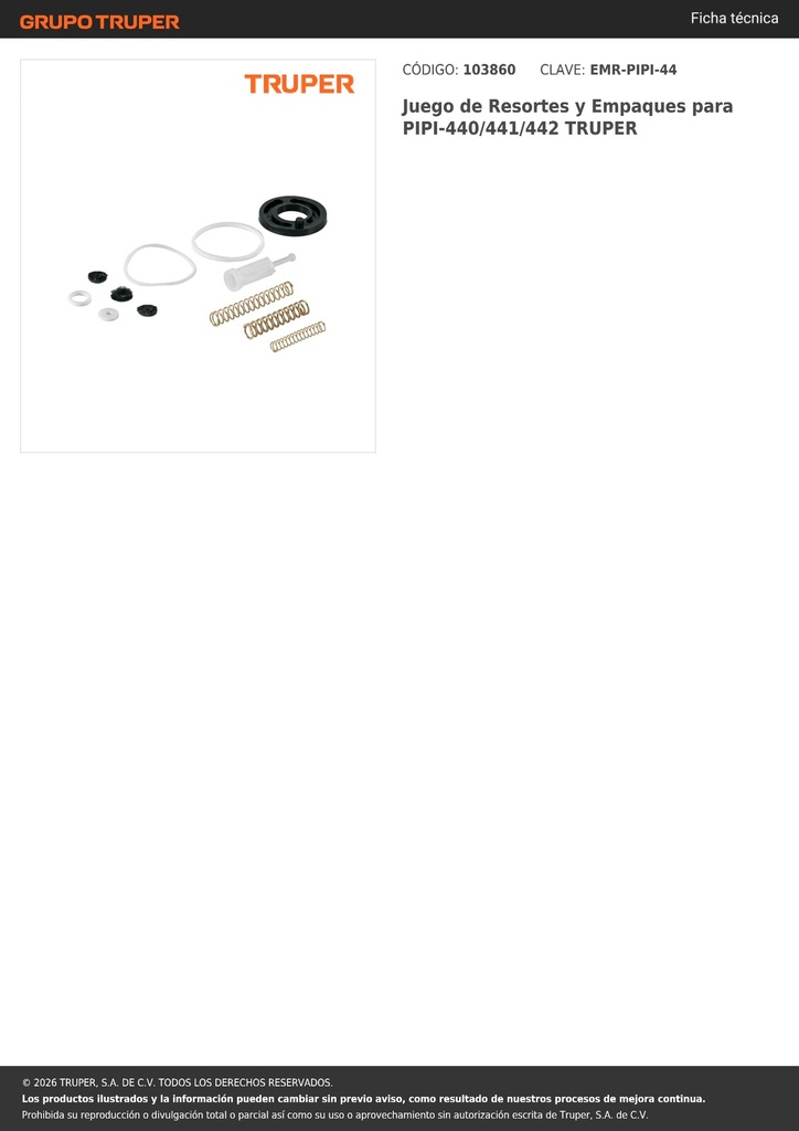 Juego de Resortes y Empaques para PIPI-440/441/442 TRUPER