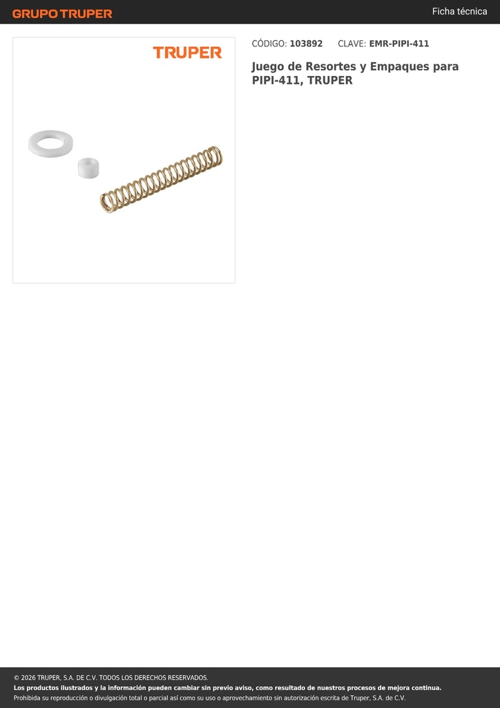 Juego de Resortes y Empaques para PIPI-411, TRUPER