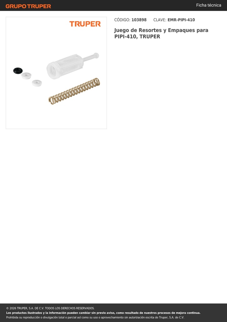 Juego de Resortes y Empaques para PIPI-410, TRUPER