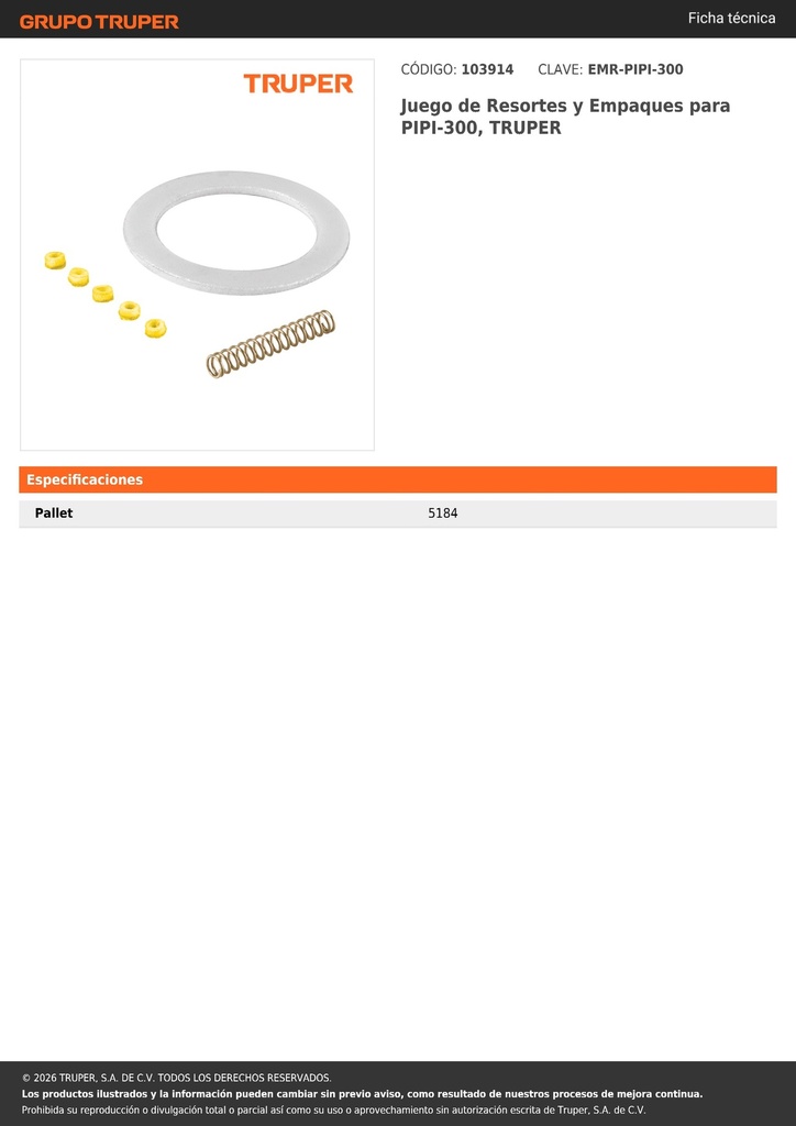 Juego de Resortes y Empaques para PIPI-300, TRUPER