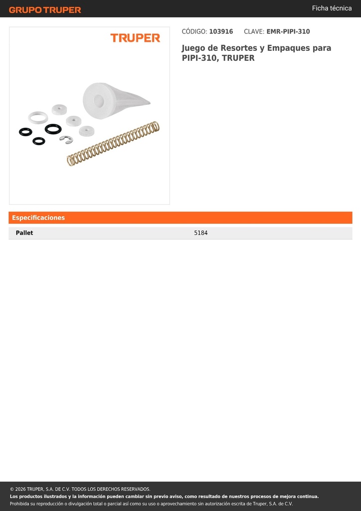 Juego de Resortes y Empaques para PIPI-310, TRUPER