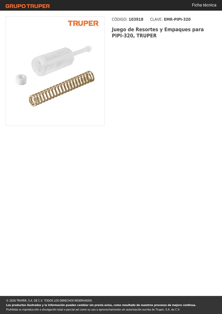 Juego de Resortes y Empaques para PIPI-320, TRUPER