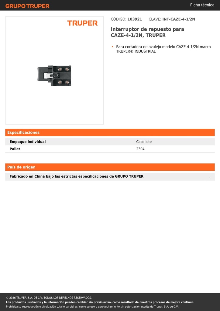 Interruptor de repuesto para CAZE-4-1/2N, TRUPER