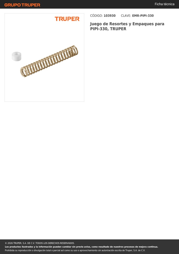 Juego de Resortes y Empaques para PIPI-330, TRUPER