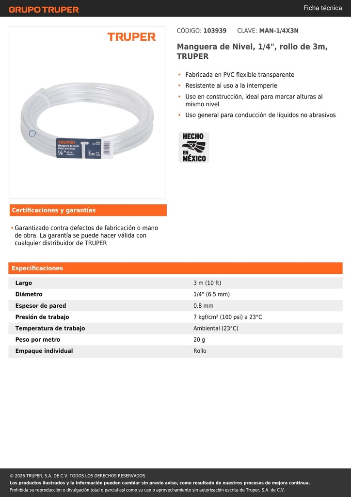Manguera de Nivel, 1/4', rollo de 3m, TRUPER