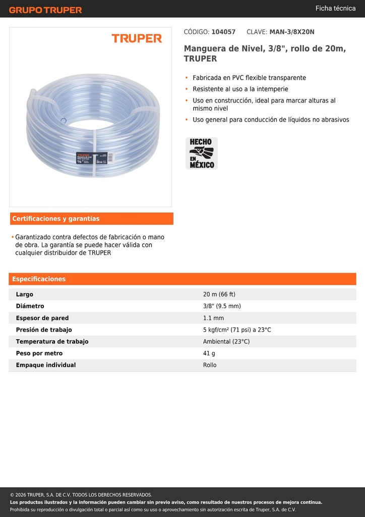 Manguera de Nivel, 3/8', rollo de 20m, TRUPER