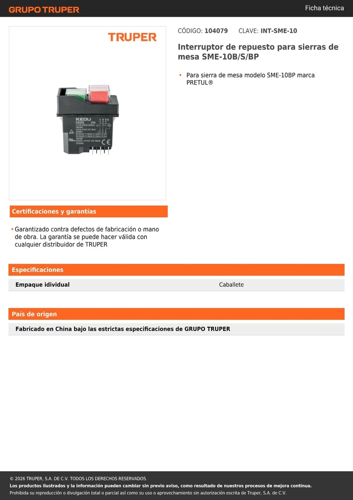 Interruptor de repuesto para sierras de mesa SME-10B/S/BP