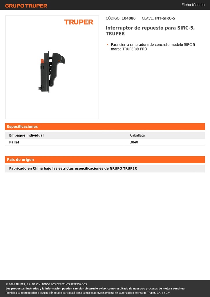 Interruptor de repuesto para SIRC-5, TRUPER