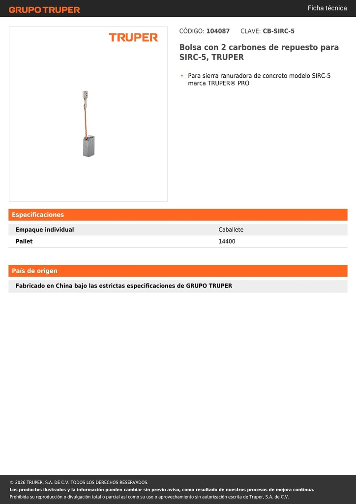 Bolsa con 2 carbones de repuesto para SIRC-5, TRUPER