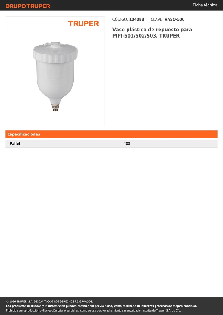 Vaso plástico de repuesto para PIPI-501/502/503, TRUPER