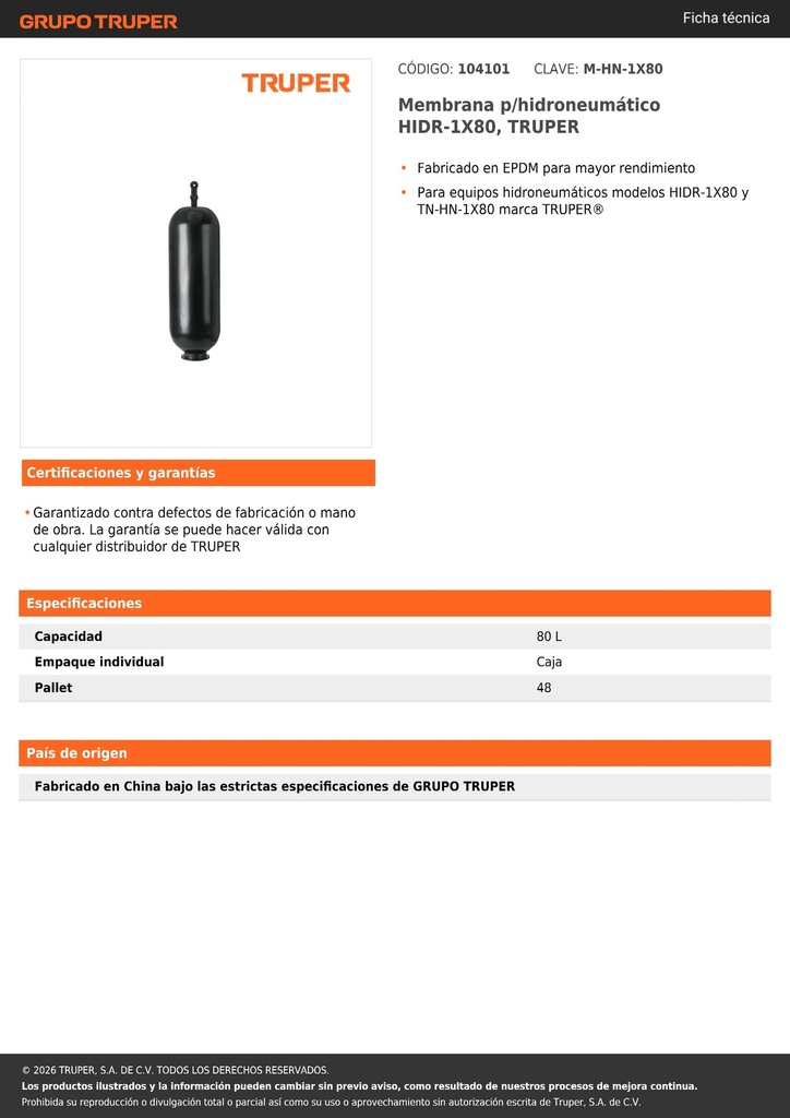 Membrana p/hidroneumático HIDR-1X80, TRUPER