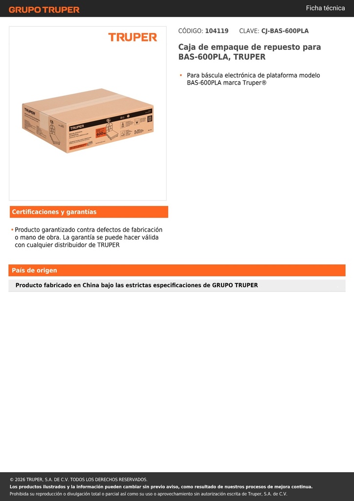 Caja de empaque de repuesto para BAS-600PLA, TRUPER