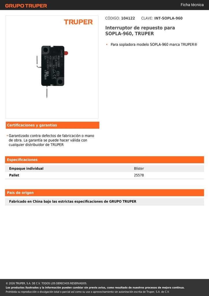 Interruptor de repuesto para SOPLA-960, TRUPER