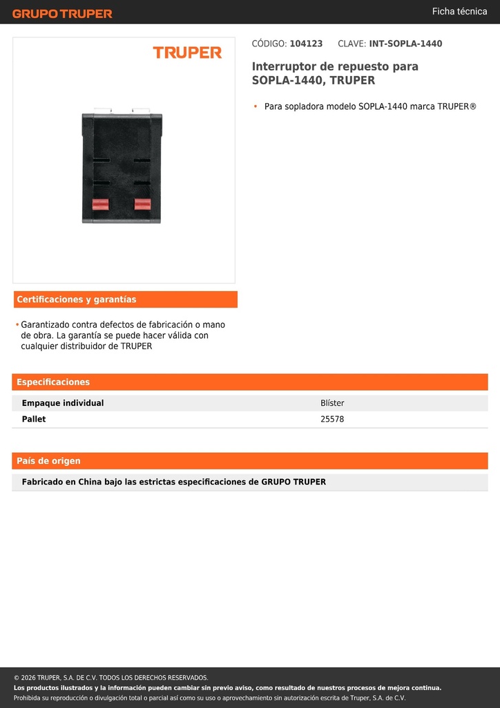 Interruptor de repuesto para SOPLA-1440, TRUPER