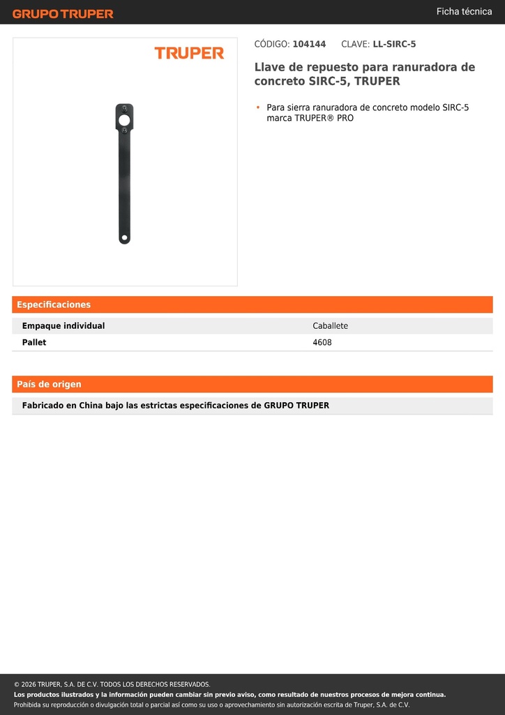 Llave de repuesto para ranuradora de concreto SIRC-5, TRUPER