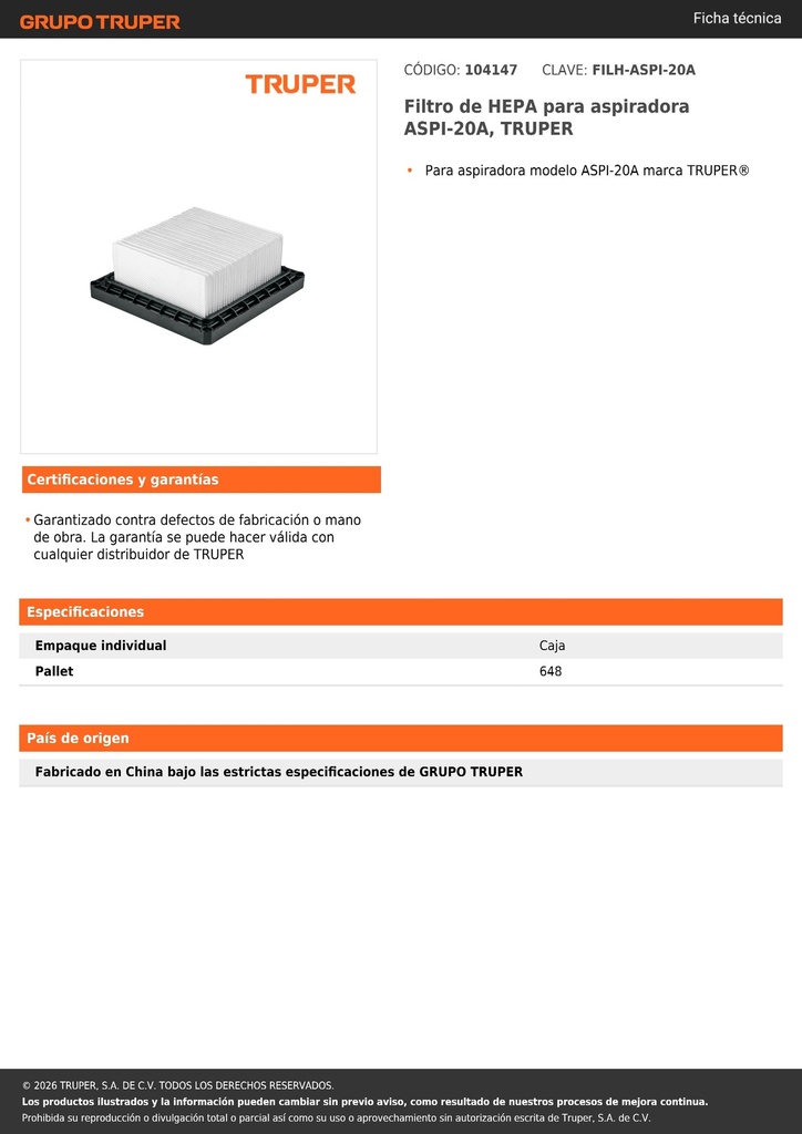 Filtro de HEPA para aspiradora ASPI-20A, TRUPER