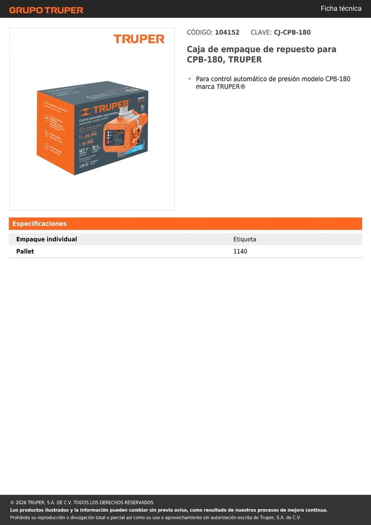 Caja de empaque de repuesto para CPB-180, TRUPER