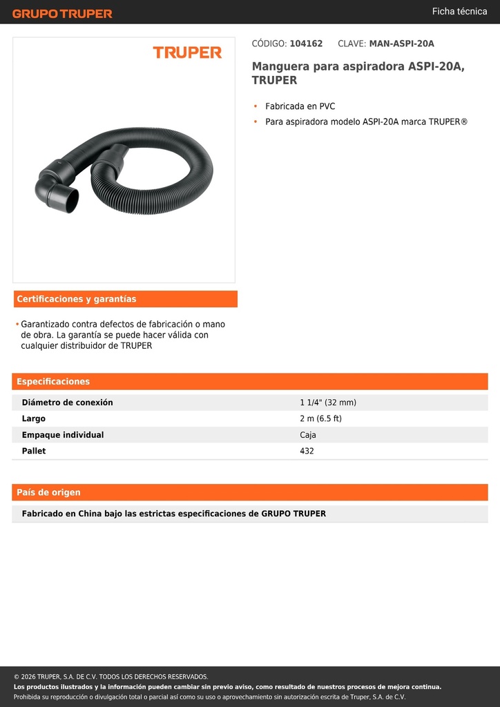 Manguera para aspiradora ASPI-20A, TRUPER