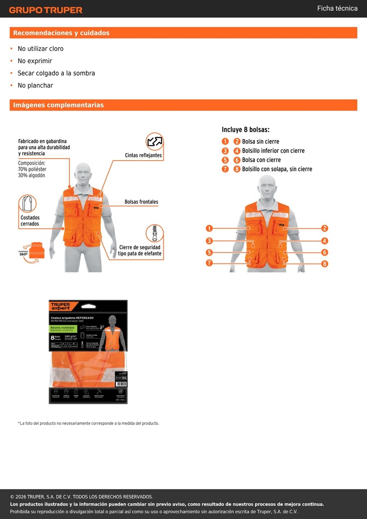 Chaleco brigadista reforzado, naranja, M, TRUPER EXPERT