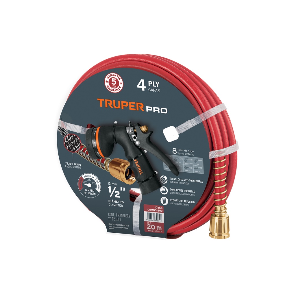Combo manguera MAN-20X1/2X y pistola de riego PR-208, TRUPER