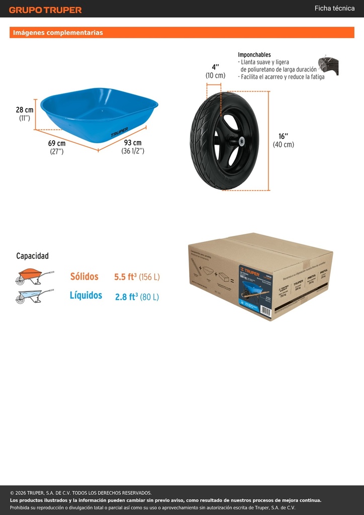 Carretilla 5.5 ft3 imponchable, bastidores madera, TRUPER