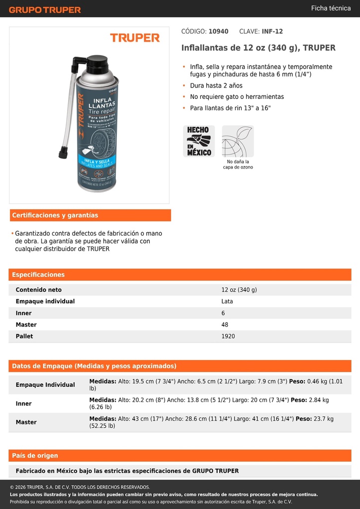 Inflallantas de 12 oz (340 g), TRUPER