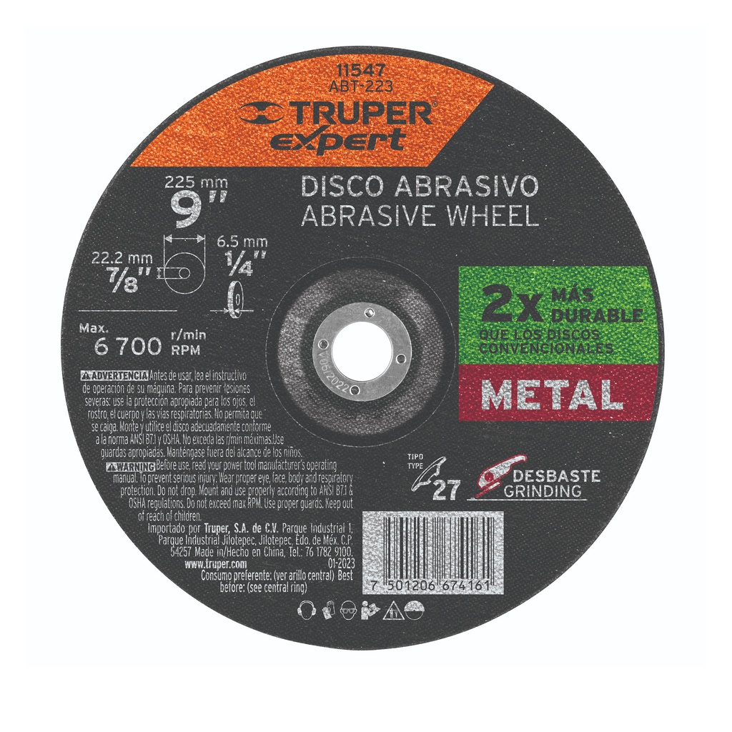 Disco Tipo 27 de 9' x 6.4 mm desbaste de metal, EXPERT