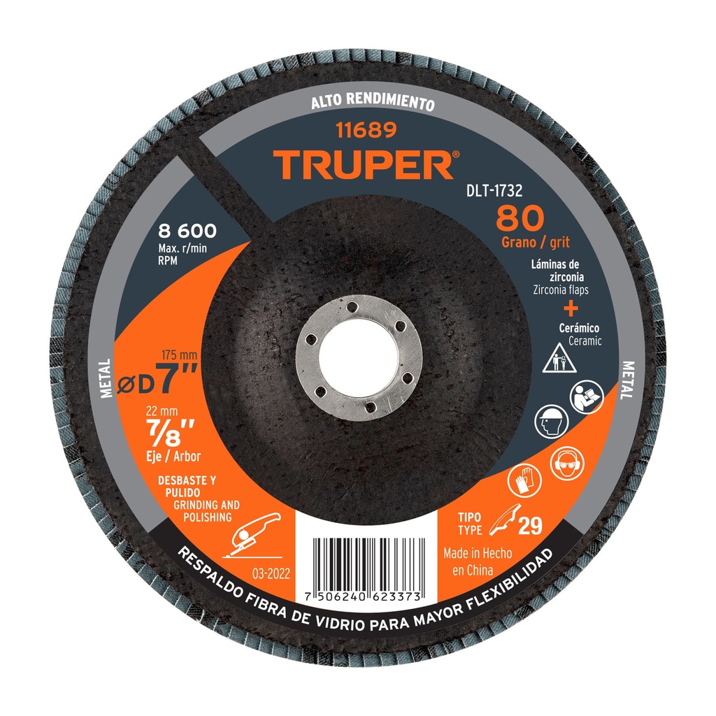 Disco laminado 7', grano 80 centro 7/8', fibra, TRUPER