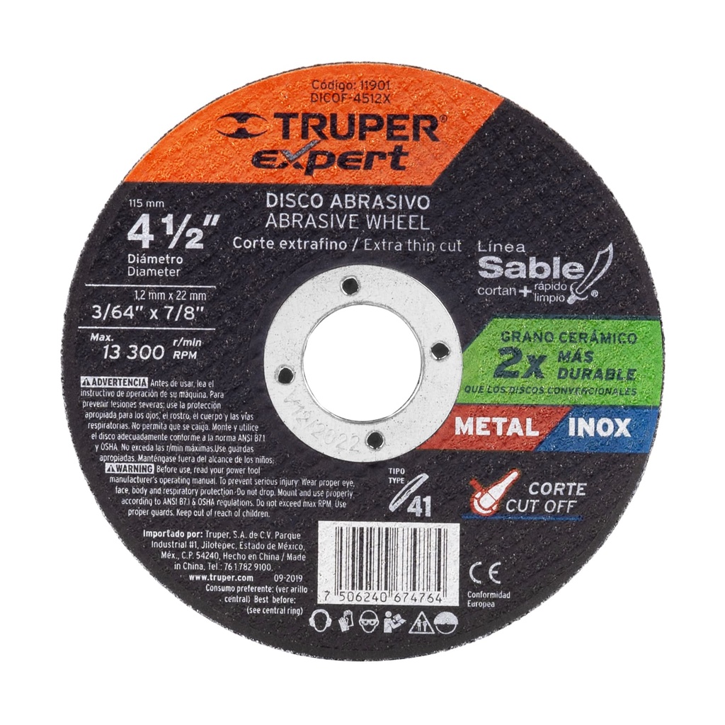 Disco Tipo 41 de 4-1/2' x 1.2 mm corte fino de metal, EXPERT