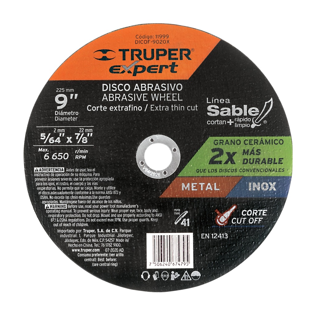 Disco Tipo 41 de 9' x 2 mm corte fino de metal, EXPERT