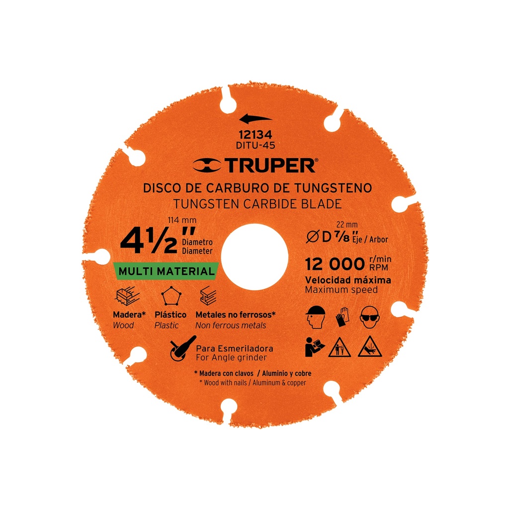 Disco 4-1/2' multimaterial de carburo de tungsteno, TRUPER