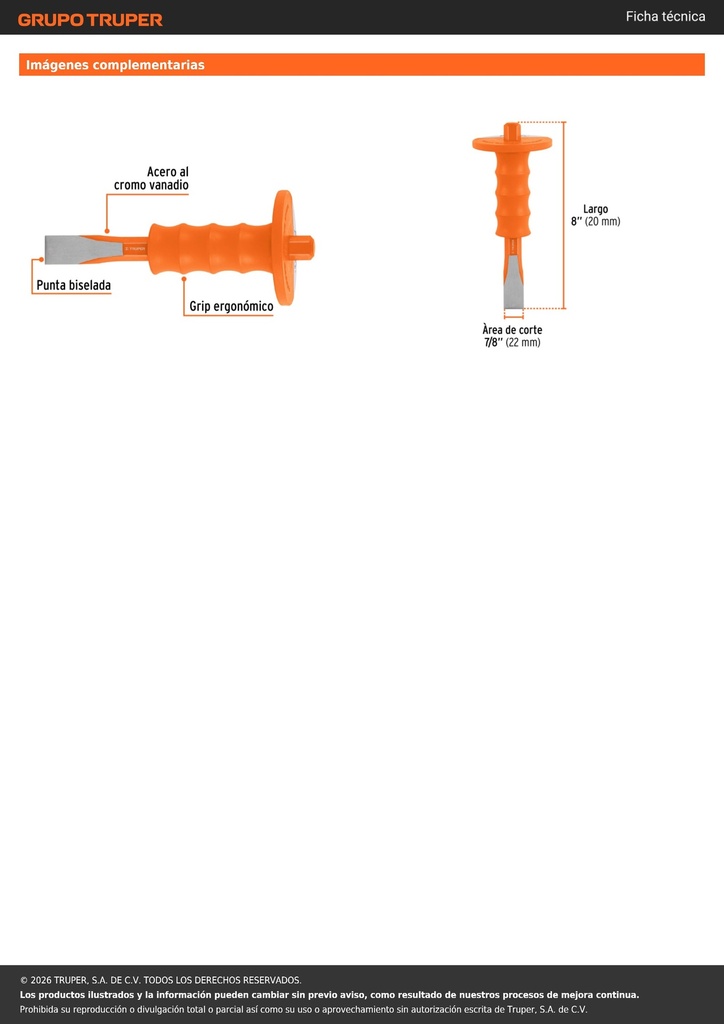 Cincel de corte frío 7/8 x 8' con grip, TRUPER