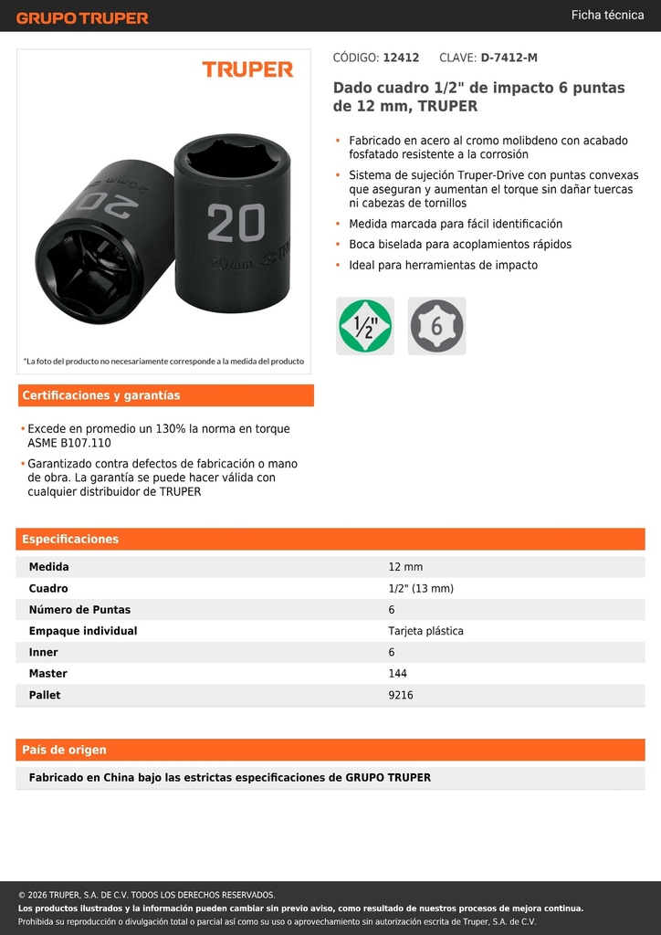 Dado cuadro 1/2' de impacto 6 puntas de 12 mm, TRUPER
