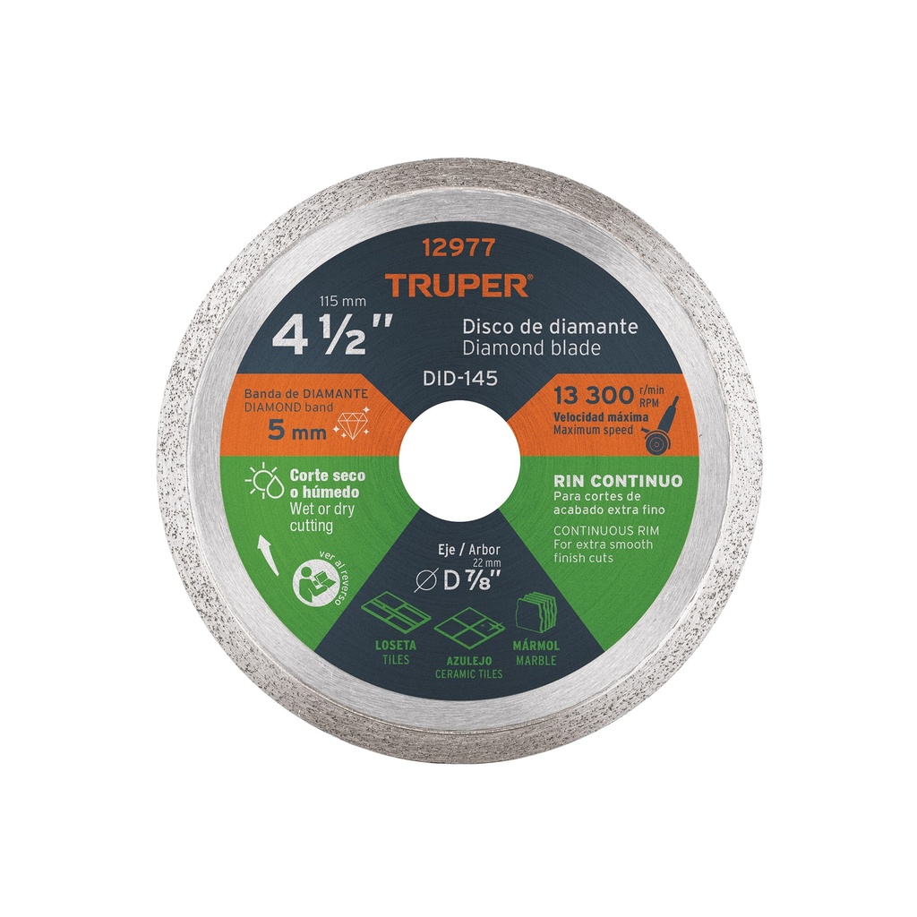 Disco de diamante de 4-1/2' x 1.6 mm, rin continuo, TRUPER