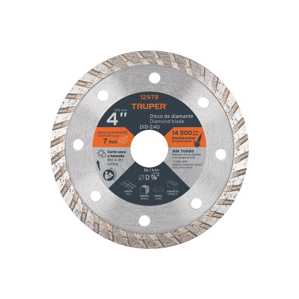 Disco de diamante de 4' x 2.2 mm, rin turbo, TRUPER
