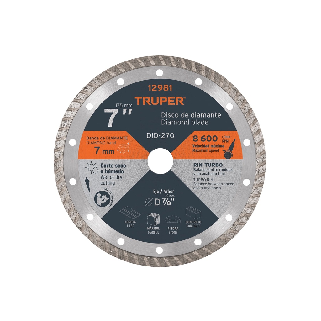 Disco de diamante de 7' x 2.8 mm, rin turbo, TRUPER