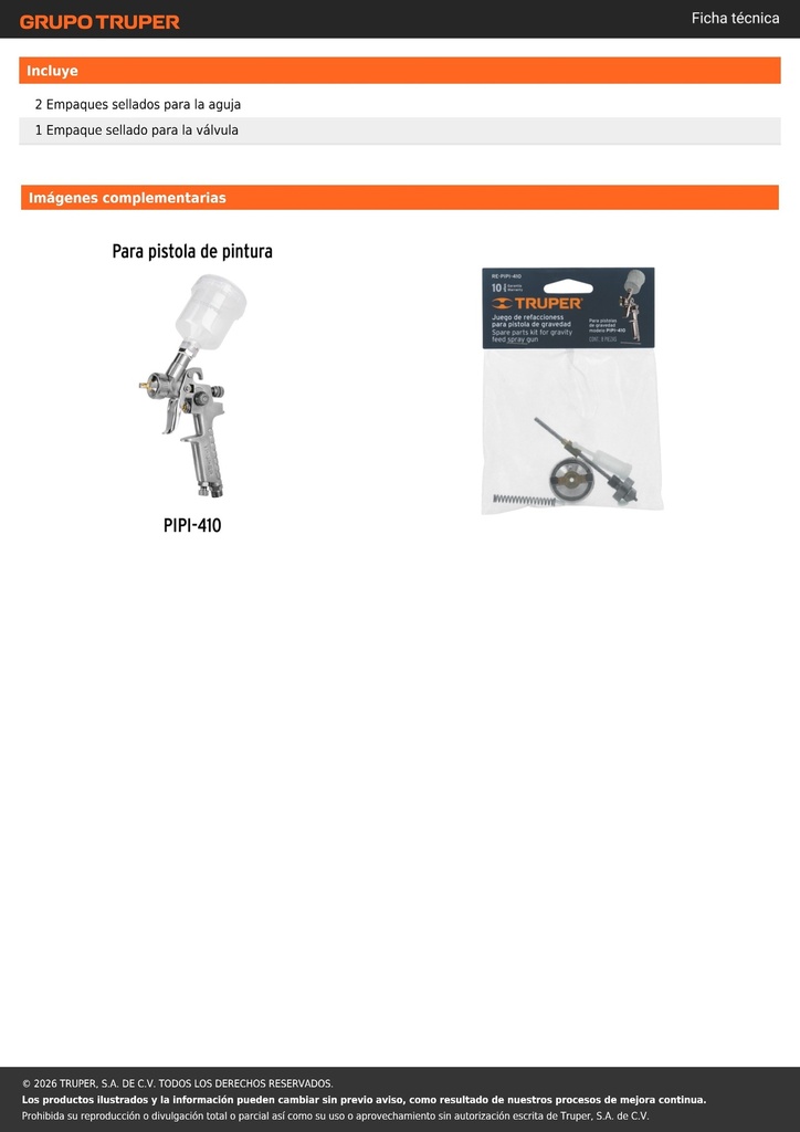 Repuestos de pistolas para pintar, PIPI-410, TRUPER